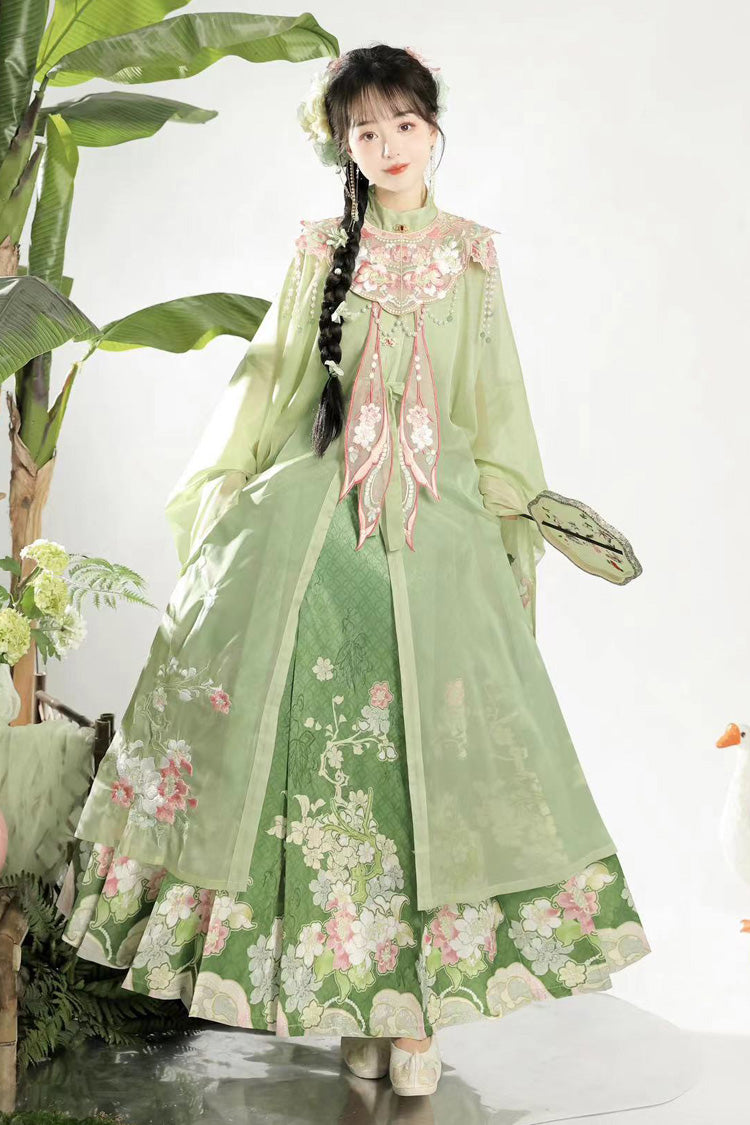Green Stand Collar Long Sleeves Ming-Style Embroidery Cloud Shoulder Sweet Hanfu Horse-Face Dress Set - Product - 3