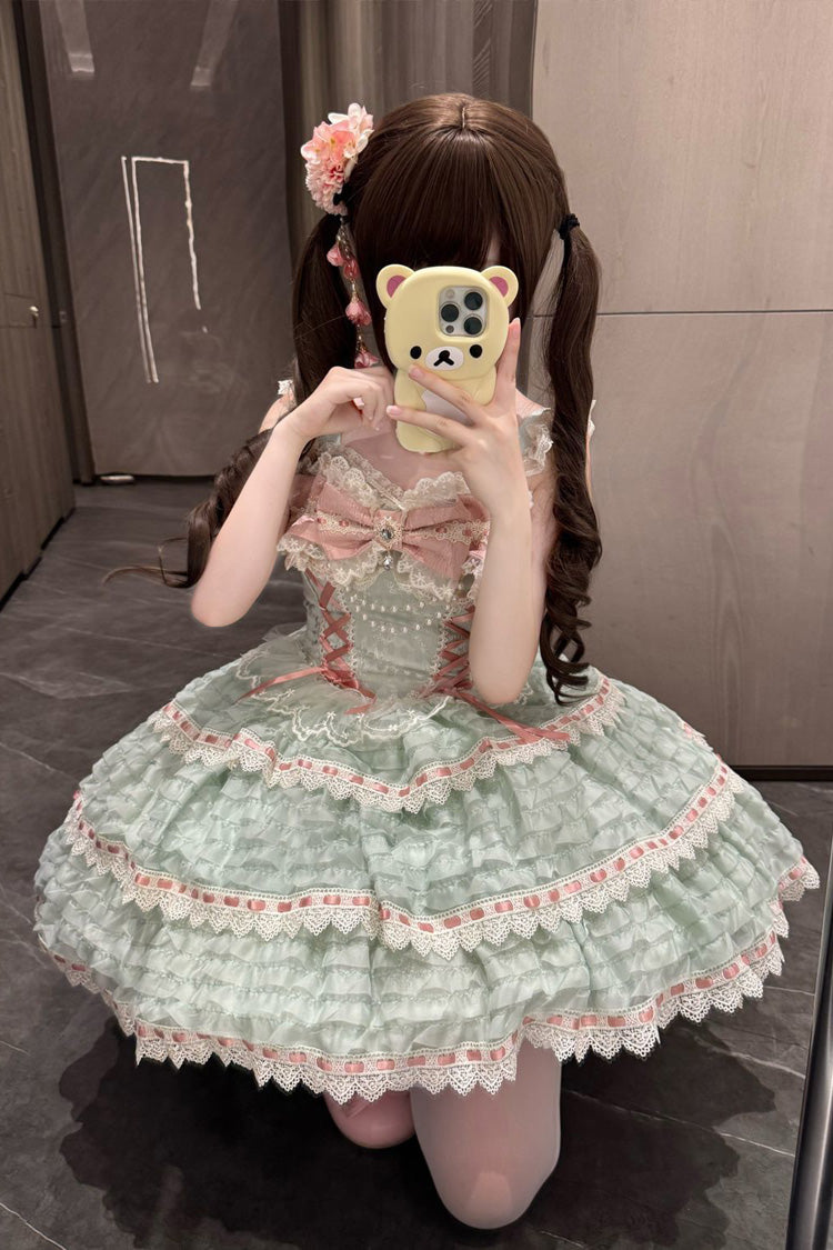 Green [Song of Floral Letters] Sleeveless Triple-Layered Bowknot Lace-Up Sweet Lolita Jsk Dress - Product - 5