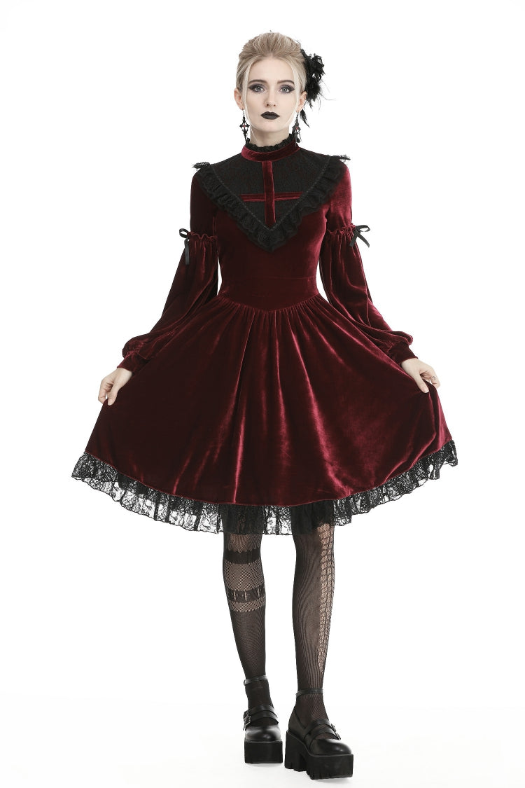 Red Vintage Long Sleeves Lace Collar Cross Women's Gothic Velet Dress - Product - 10