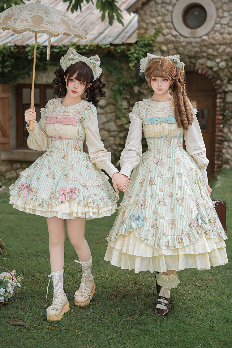 Green [An Encounter with Austin] Square Collar Short Sleeves Multi-Layered Rose Printed Ruffled Bow Lace Sweet Lolita Dress 2 Versions - Product - 11