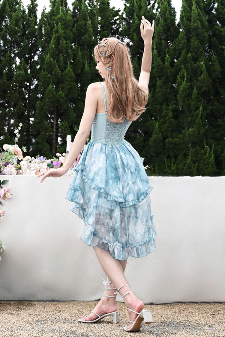 Blue [Mirrorless Dream] Double-Layered Tie-dyed Print Ruffle Bowknot Lace Train Sweet Lolita Jsk Dress - Product - 8