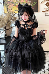 Black [Jewelry Love Story] Halterneck Ruffle Hanayome Bowknot Lace Gothic Lolita Dress - Product - 8