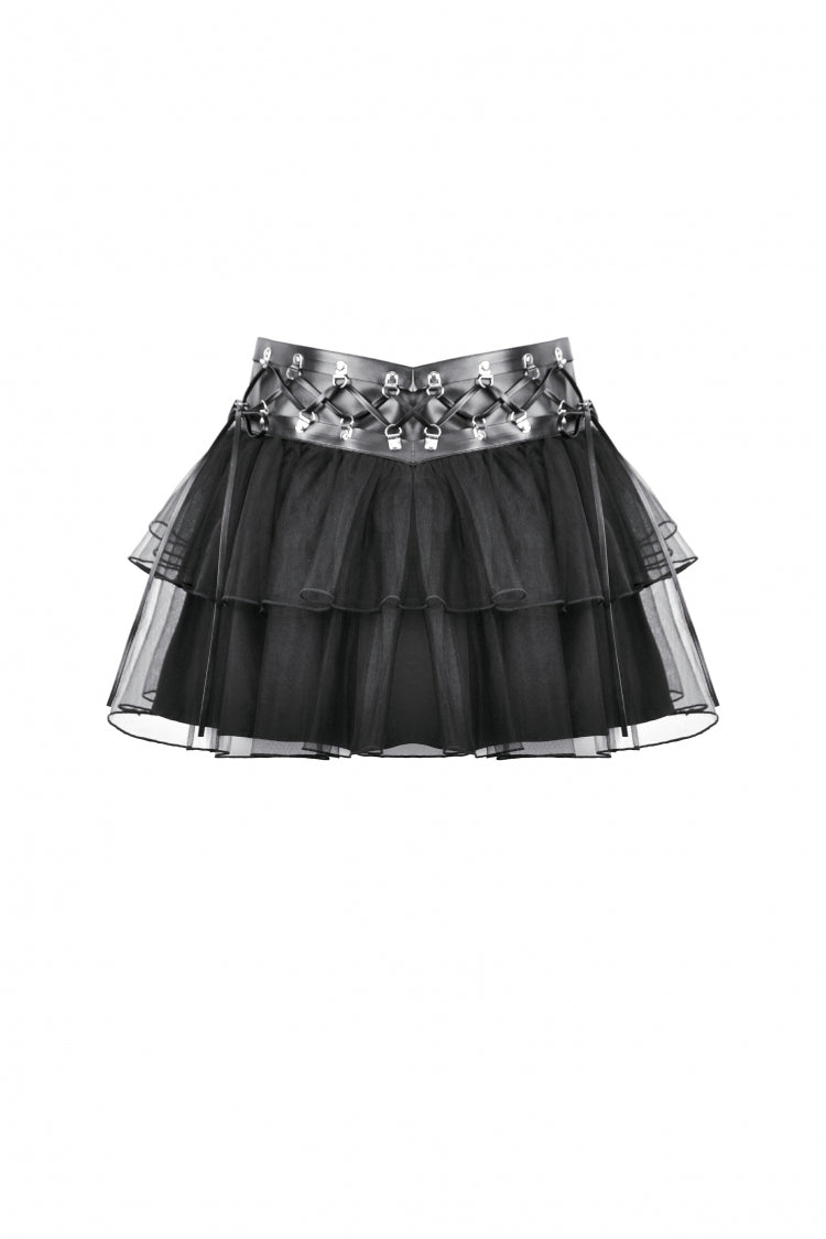 Black Multi-Layered Lace Mesh Women's Punk Short Skirt with D-Ring Ties Waist - Product - 3
