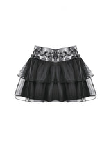 Black Multi-Layered Lace Mesh Women's Punk Short Skirt with D-Ring Ties Waist - Product - 3