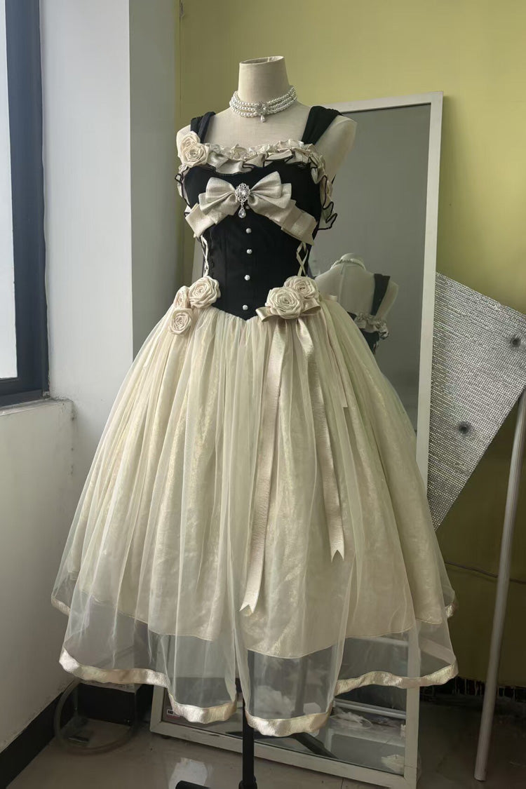 Black/White [Paris Souvenir] Sleeveless Ruffled Bow Lace-Up Fishbone Pearl-Decorated Classic Elegant Lolita Jsk Dress - Product - 4