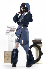 Blue [Indigo Shadow Journey] Stand Collar Long Sleeves Embroidered Hooded Asymmetric Punk Ouji Lolita Dress Four-Piece Set - Product - 5