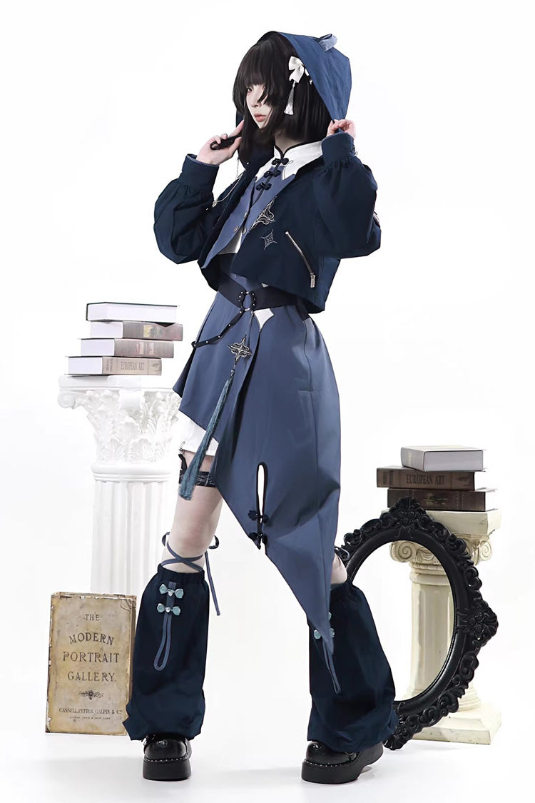Blue [Indigo Shadow Journey] Stand Collar Long Sleeves Embroidered Hooded Asymmetric Punk Ouji Lolita Dress Four-Piece Set - Product - 5