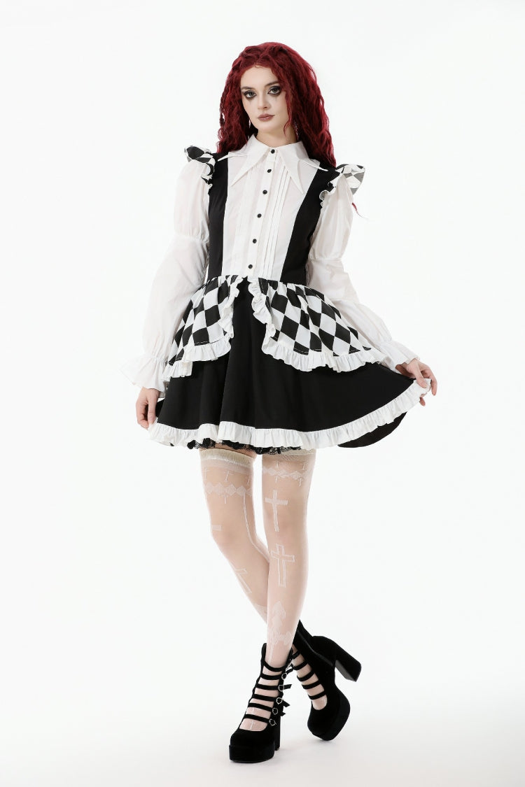 Black/White Harlequin Sharp Point Collar Long Puff Sleeves Women's Lolita Gothic Dress - Product - 6