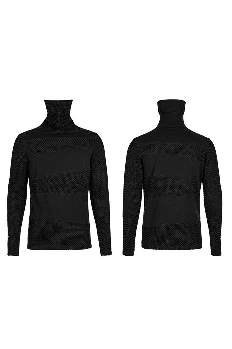 Black Punk Super High Collar Masked Hanging Ear Splicing Mesh Long Sleeves Men's T-Shirt - Product - 5