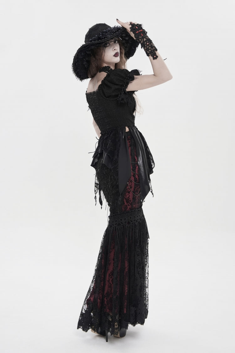 Black/Red Double-Layered Embroidered Lace Slim Pearl-Decorated Women's Gothic Skirt - Product - 4