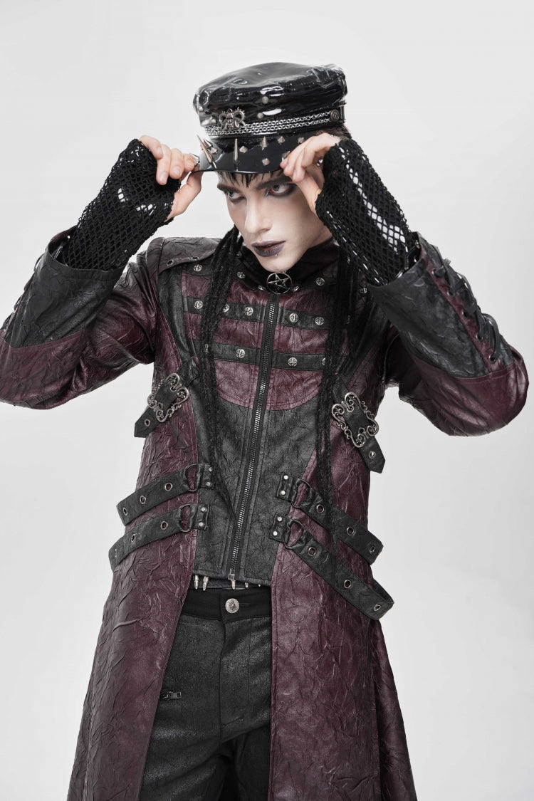 Red Stand Collar Zipper Straps Eyelet Men's Punk Coat - Product - 13