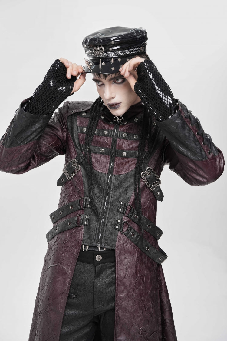 Red Stand Collar Zipper Straps Eyelet Men's Punk Coat - Product - 13