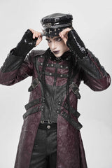 Red Stand Collar Zipper Straps Eyelet Men's Punk Coat - Product - 13