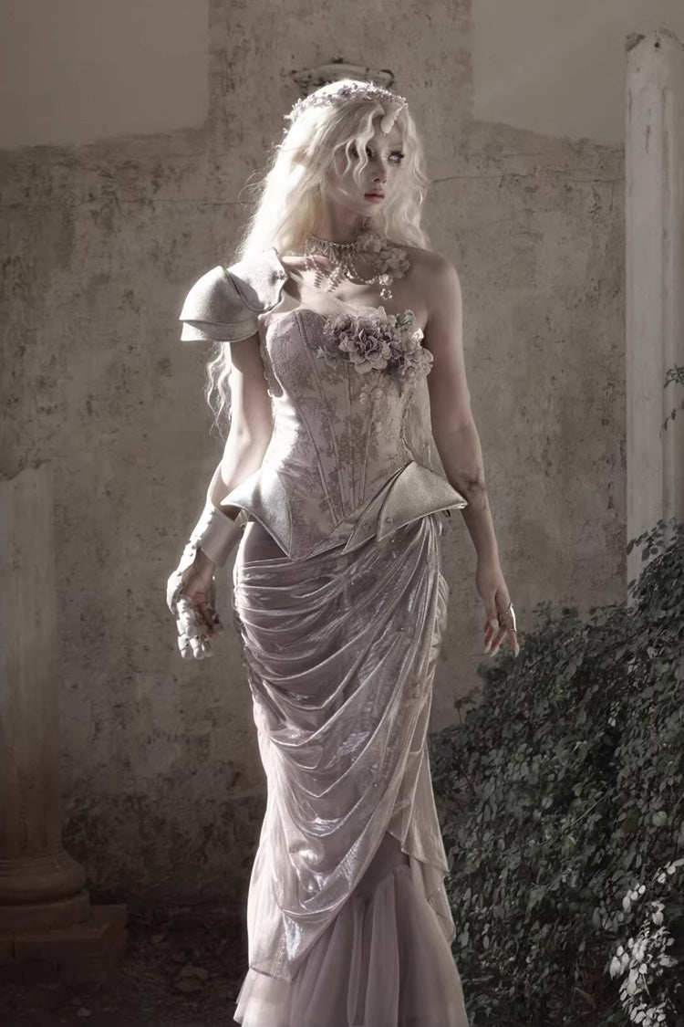 Pink [Moonlight Beast Spirit] Elf-style One-shoulder Printed 3D Floral Asymmetric Fishbone Sweet Corset - Product - 3