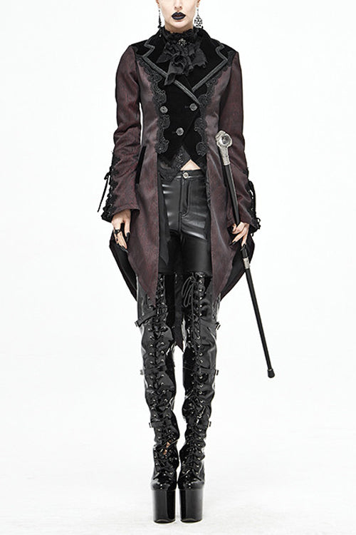 Red And Black Wavy Stripes Jacquard Long Fake Two Pieces Womens Gothic Coat - Black/Red - 1