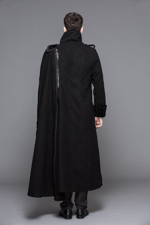 Black Detachable One Sided Shawl Double Sided Woollen Thick Mens Punk Long Coat - Product - 4