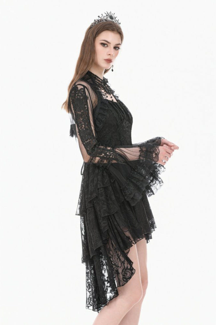 Black Lace Ruffled High Collar Long Flare Sleeves Sheer Mesh Women's Gothic Cape - Product - 2