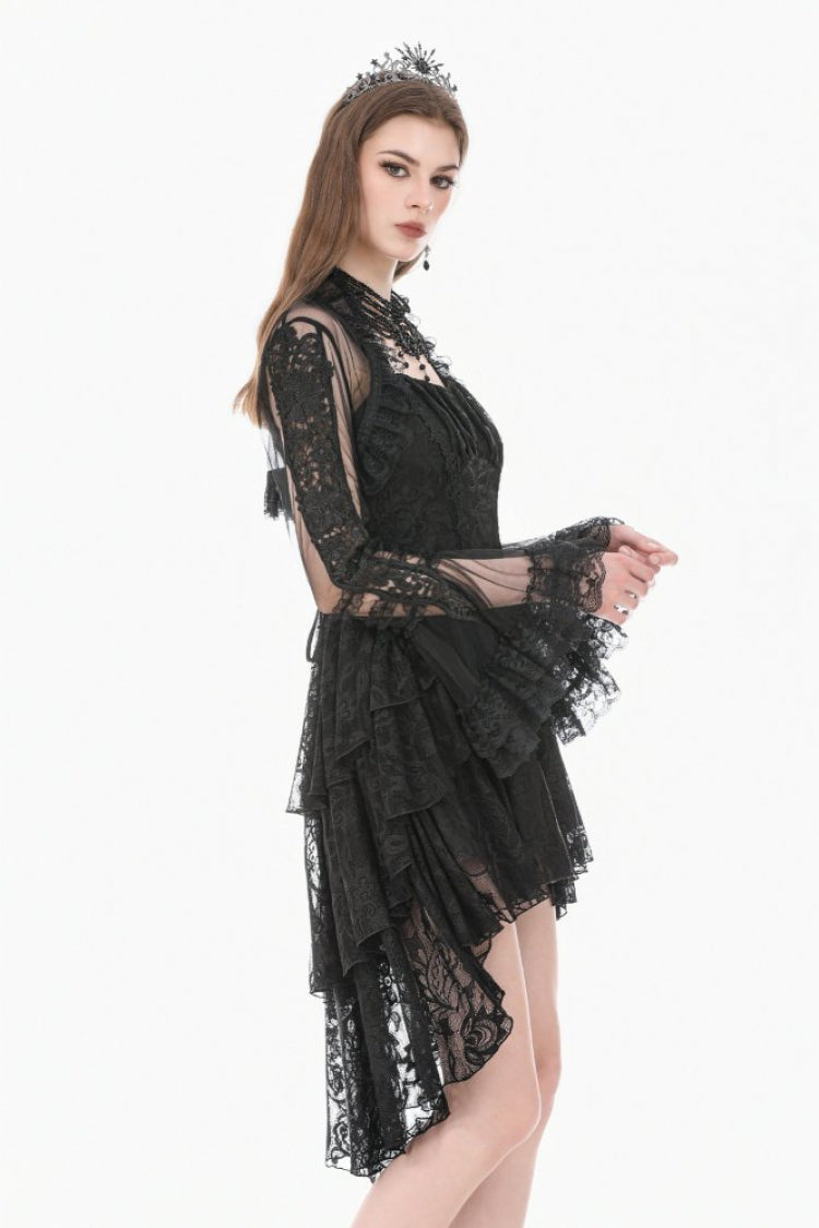 Black Lace Ruffled High Collar Long Flare Sleeves Sheer Mesh Women's Gothic Cape - Product - 2