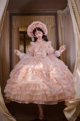 Pink [The Runaway Princess] Sleeveless Multi-Layered Printed Hanayome Bow Lace Pearl-Decorated Sweet Plus Size Gorgeous Lolita Jsk Dress - Product - 14