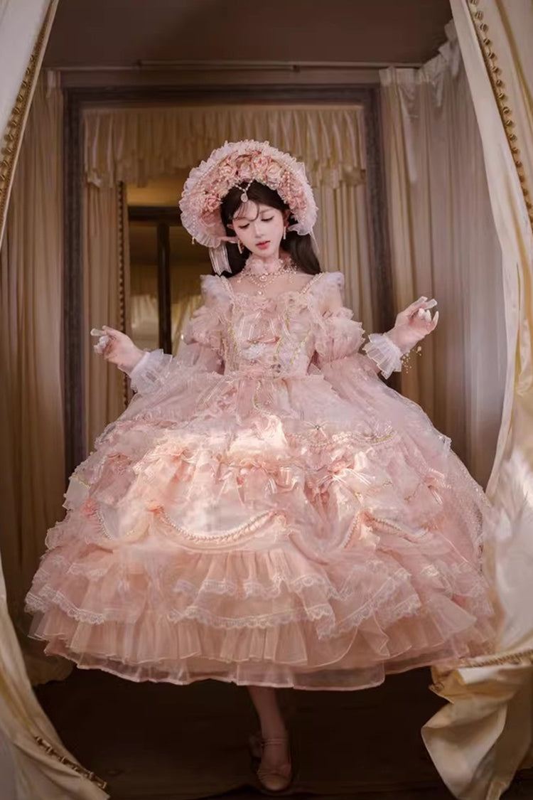 Pink [The Runaway Princess] Sleeveless Multi-Layered Printed Hanayome Bow Lace Pearl-Decorated Sweet Plus Size Gorgeous Lolita Jsk Dress - Product - 14