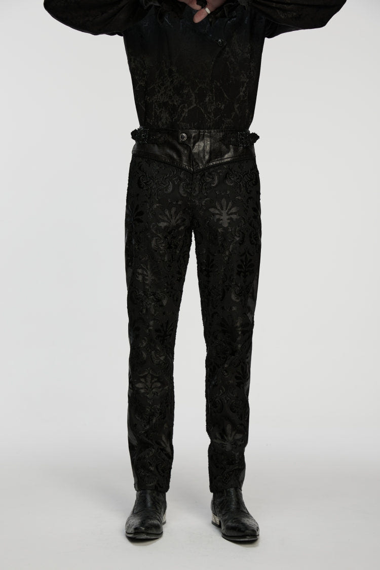 Black Jacquard Floral Embroidered Men's Gothic Pants - Product - 5