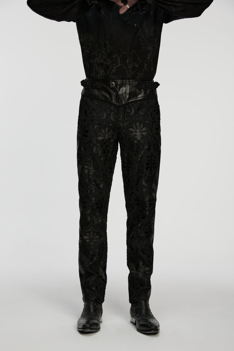 Black Jacquard Floral Embroidered Men's Gothic Pants - Product - 5