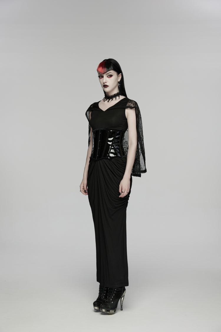 Black V Collar Short Puff Sleeves Hanayome Cut-Out Lace Pleated Women's Gothic Wedding Dress - Product - 9