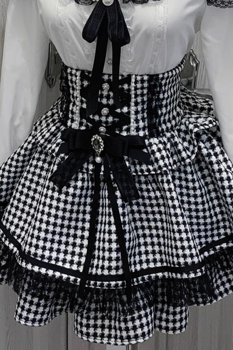 Black/White Houndstooth Print Ruffle Bowknot Lace Lace-Up Jirai Kei Japanese Skirt - Product - 3