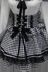 Black/White Houndstooth Print Ruffle Bowknot Lace Lace-Up Jirai Kei Japanese Skirt - Product - 3