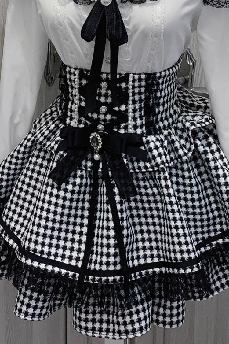 Black/White Houndstooth Print Ruffle Bowknot Lace Lace-Up Jirai Kei Japanese Skirt - Product - 3