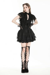 Black Stand Collar Ruffled Short Sleeves Lace Spliced Women's Gothic Blouse - Product - 8