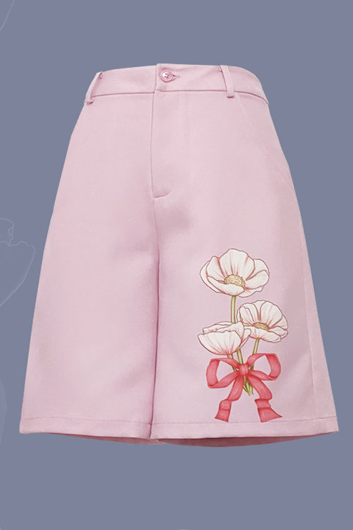 Pink Romance Print Straight loose Ouji Lolita Shorts - Pink - 1