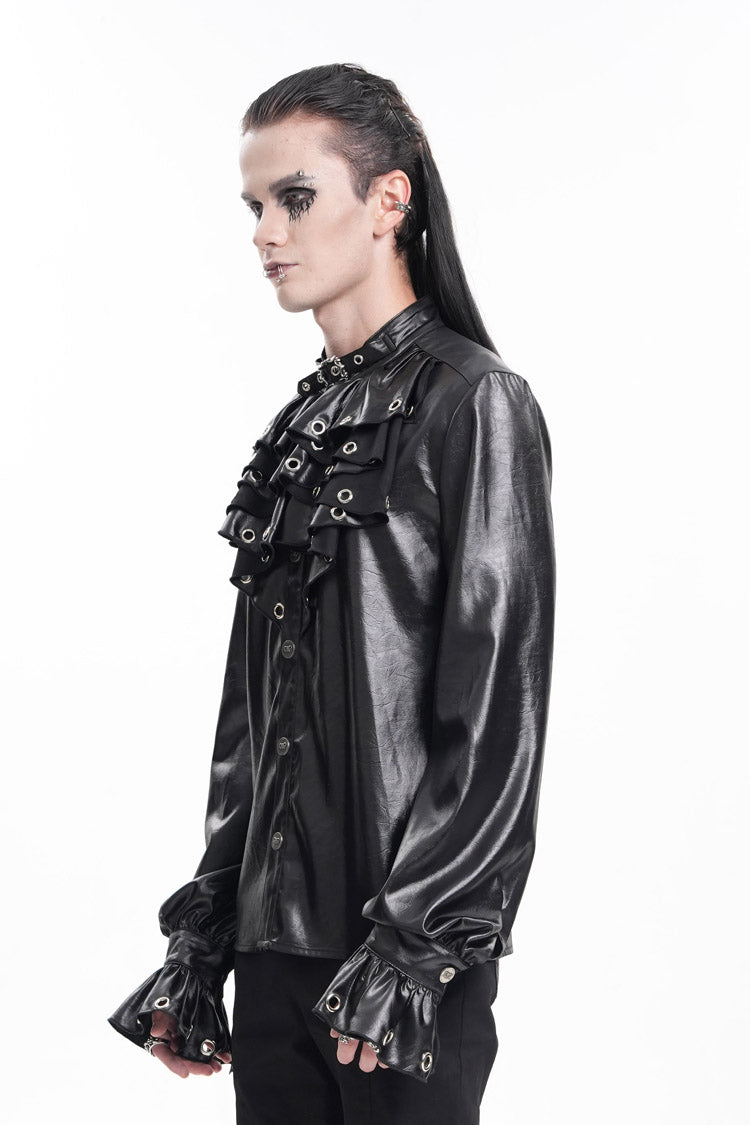 Black Long Sleeves Eyelets Buckle Men's Gothic Blouse - Product - 2