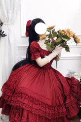 Red Short Puff Sleeves Multi-Layered Ruffle Bowknot Classic Vintage Lolita Dress - Product - 11