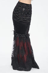 Black/Red High Waisted Embroidery Stitching Lace Women's Gothic Skirt - Black/Red - 1
