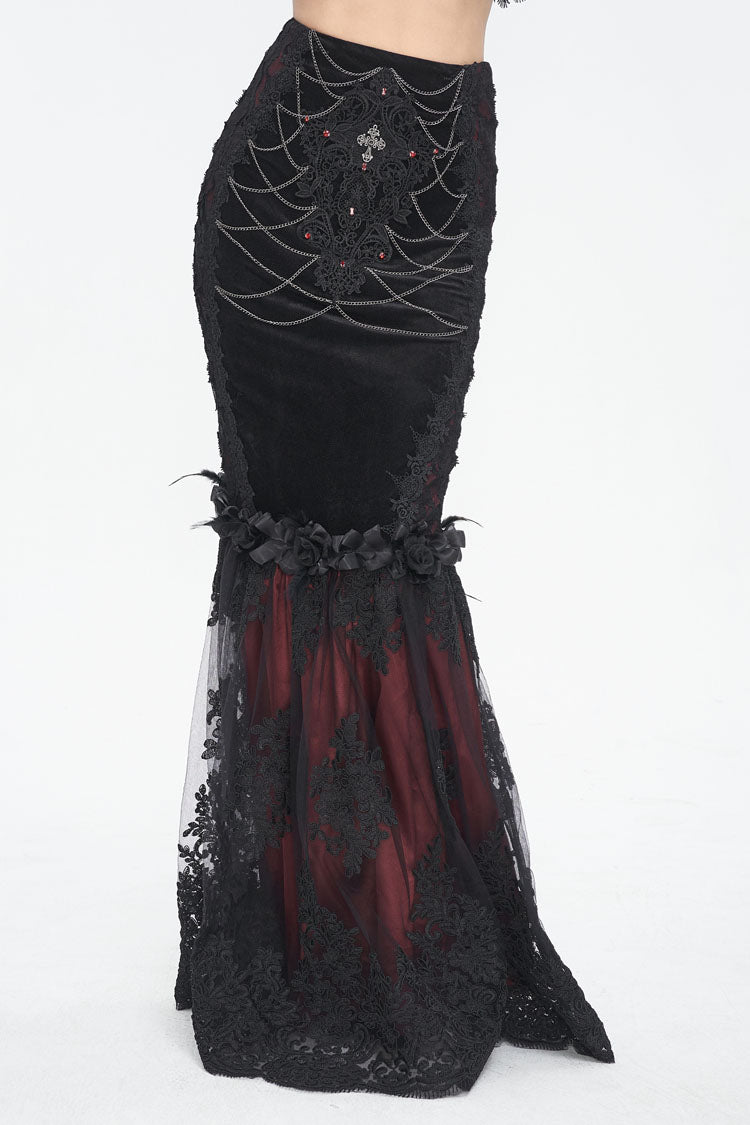 Black/Red High Waisted Embroidery Stitching Lace Women's Gothic Skirt - Black/Red - 1