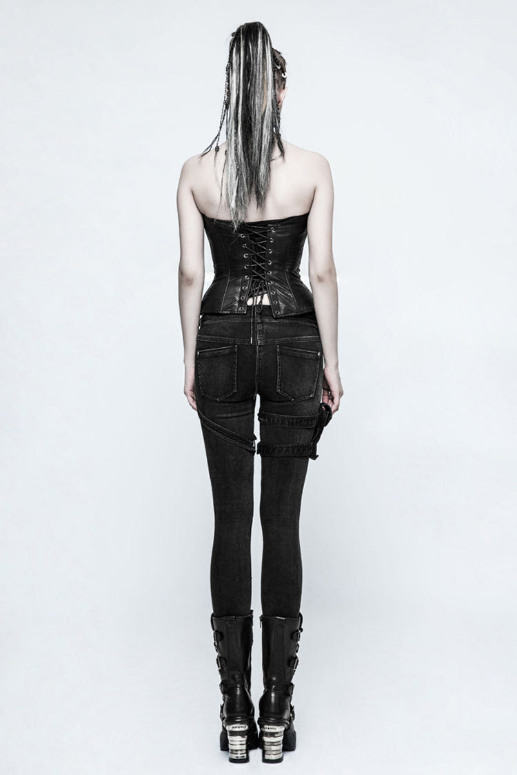Black Removable Pocket Buttonhole Trim Skinny Stretch Denim Women's Punk Trouser - Product - 3