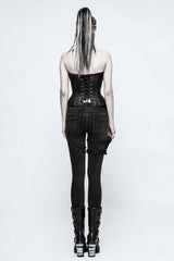 Black Removable Pocket Buttonhole Trim Skinny Stretch Denim Women's Punk Trouser - Product - 3