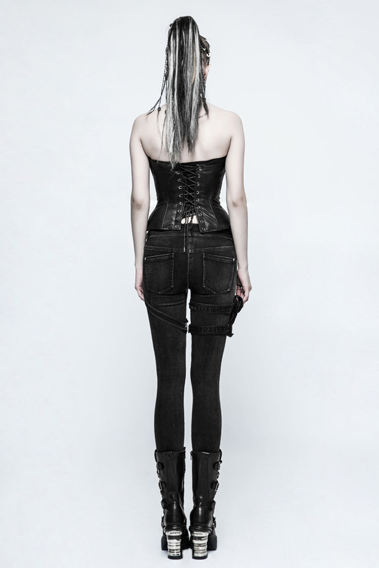 Black Removable Pocket Buttonhole Trim Skinny Stretch Denim Women's Punk Trouser - Product - 3