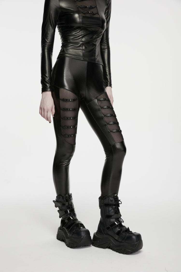 Black Patchwork Slim Fit Buckled Eyelet Women's Punk Cool Leggings - Product - 7