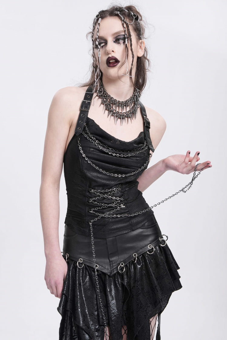Black Halterneck Ripped Chained Women's Punk Vest - Product - 3