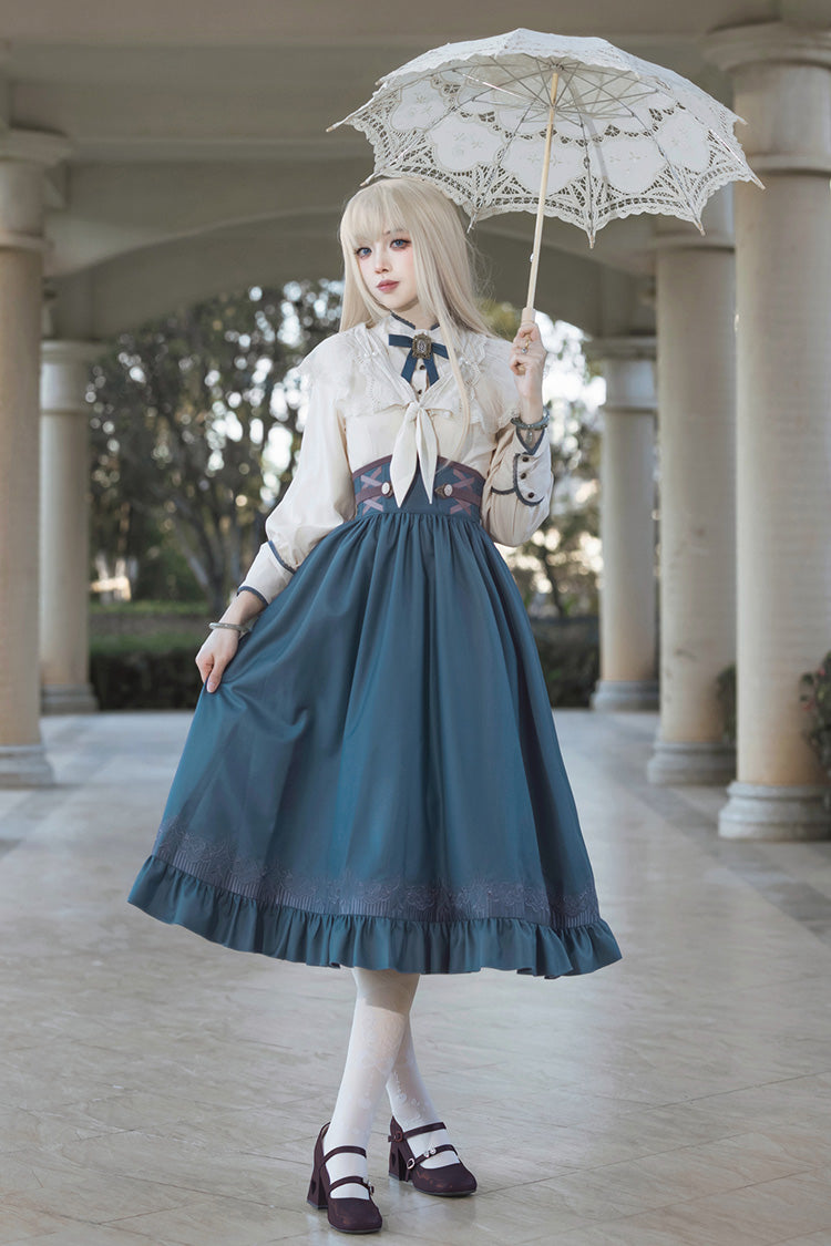 Blue Ruffle Embroidery Lace-Up Sweet College Style Elegant Lolita Skirt - Blue - 1