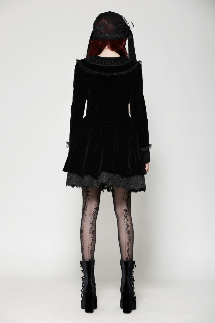 Black Long Sleeves Lace Women's Gothic Velvet Short Dress - Product - 4