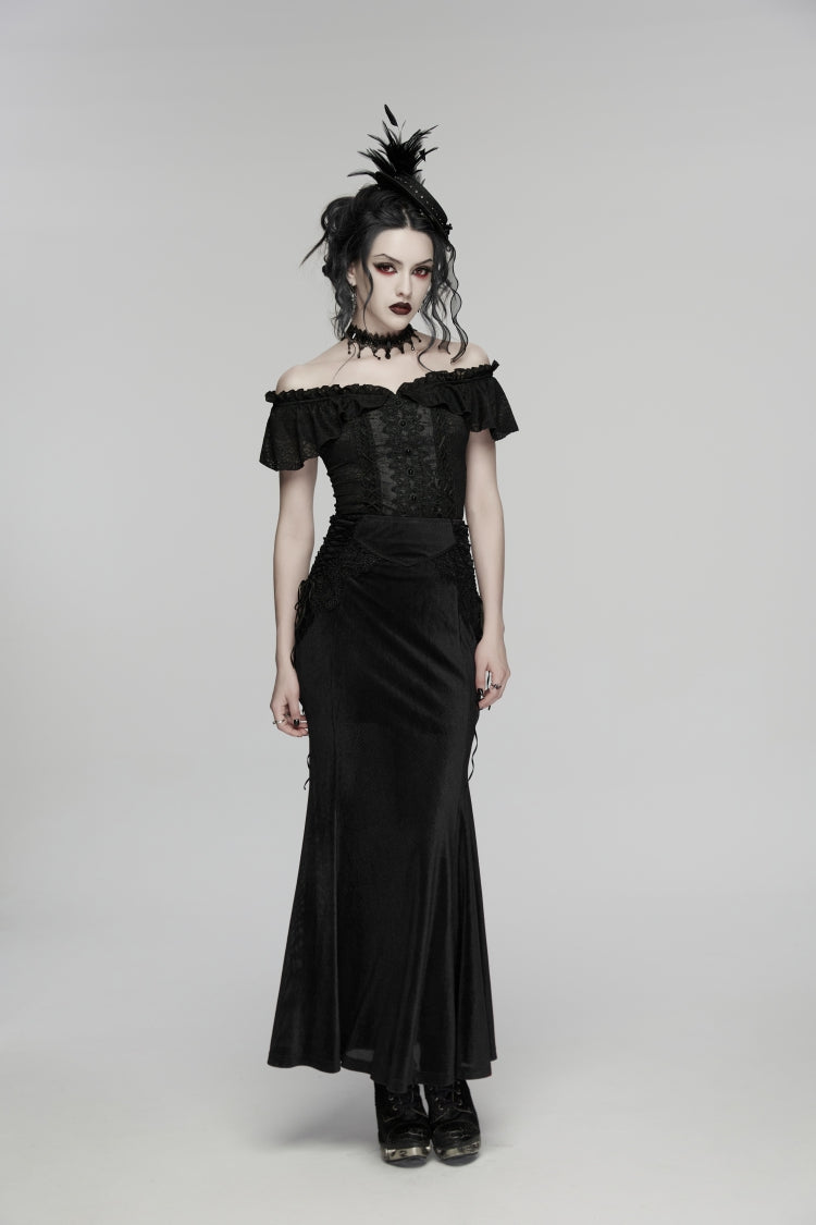 Black Embroidered Lace-Up Slim Women's Gothic Elegant Long Skirt - Product - 7