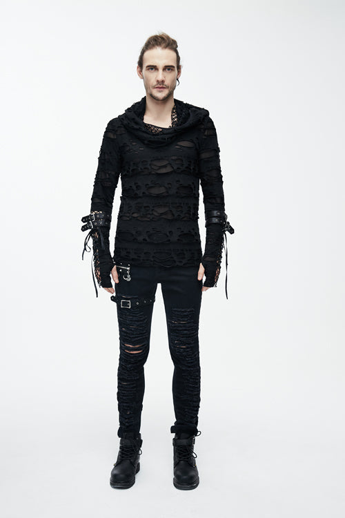 Black Ripped Finger Covered Autumn Hooded Mens Punk T-Shirt - Product - 5