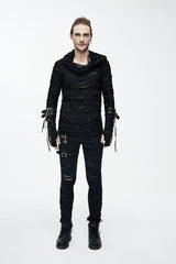Black Ripped Finger Covered Autumn Hooded Mens Punk T-Shirt - Product - 5