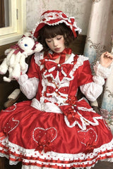 Red Round Collar Long Sleeves Multi-Layered Bow Sweet Lolita Dress Set - Product - 4