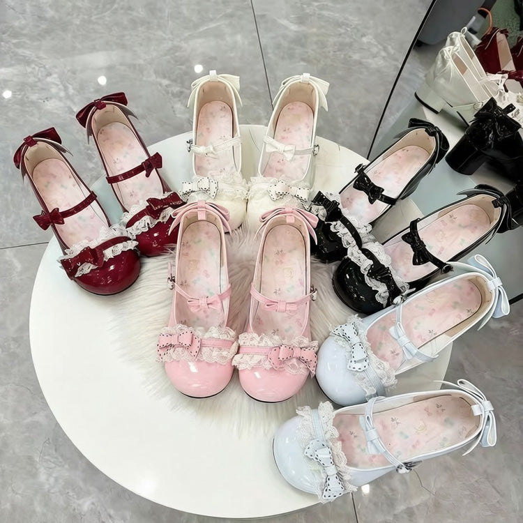 Round Toe Bow Lace Trim Lolita Mary Jane Shoes with Cat Paw Mid Heels 6 Colors - Product - 8
