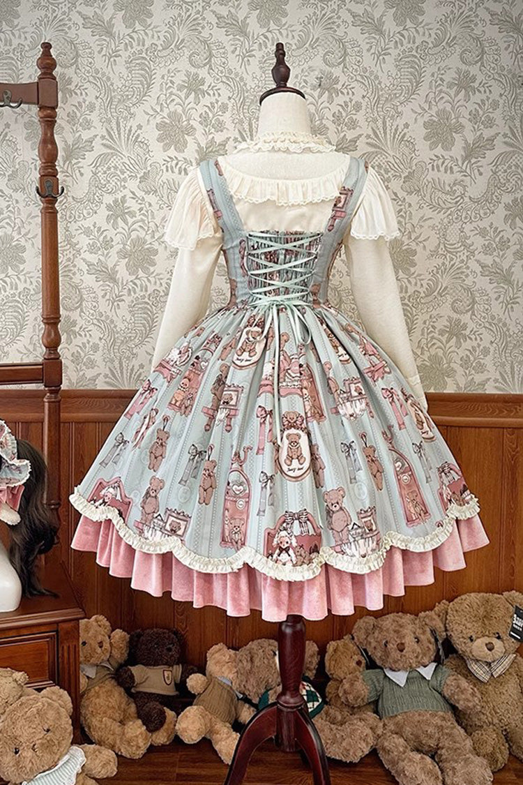 Pink/Green Bear Doll Wall Print Ruffle Embroidery Bowknot Sweet Corset Lolita Jsk Dress - Product - 5