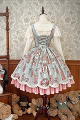 Pink/Green Bear Doll Wall Print Ruffle Embroidery Bowknot Sweet Corset Lolita Jsk Dress - Product - 5